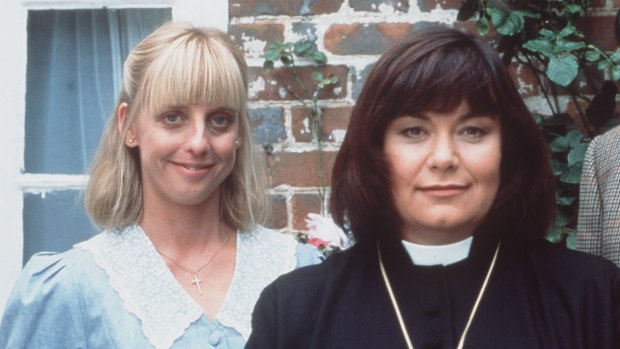 Emma Chambers in character as Alice Tinker with, Vicar Geraldine (Dawn French)  in "The Vicar of Dibley", 1997. 