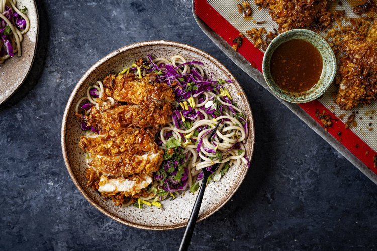 Crispy chicken with honey miso chilli dressing and messy noodle salad. 