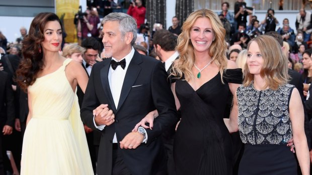 Julie Roberts promoting her new movie <i>Money Monster</i> alongside pal George Clooney, his wife Amal and film director Jodie Foster at the Cannes Film Festival on Thursday.