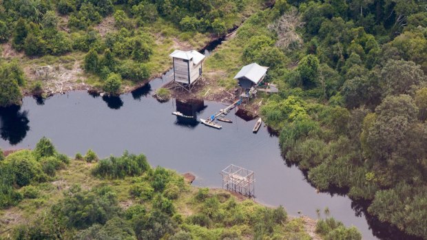 An aerial view of peatland forests cleared for fishing in Riau province.