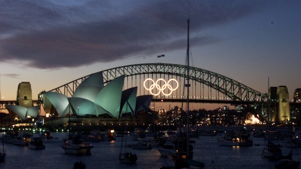 The Harbour Bridge sports the Olympic Rings during the 2000 Games in Sydney.