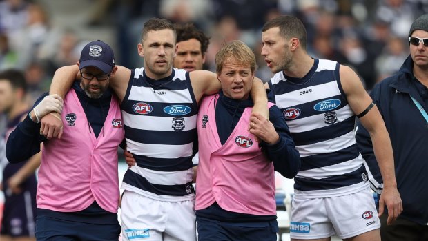 Concussed: Joel Selwood is helped from the field by trainers during the game against Fremantle. 