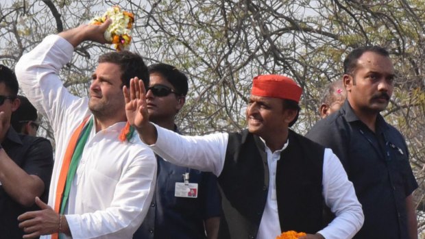 Rahul Gandhi, pictured left on the campaign trail with Uttar Pradesh Chief Minister Akhilesh Yadav, again failed dismally with voters.