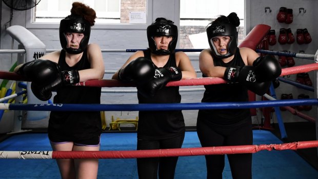 Training: (from left) filmmakers turned boxers Sophie Mathison, Grace Tan and Mohini Herse.
