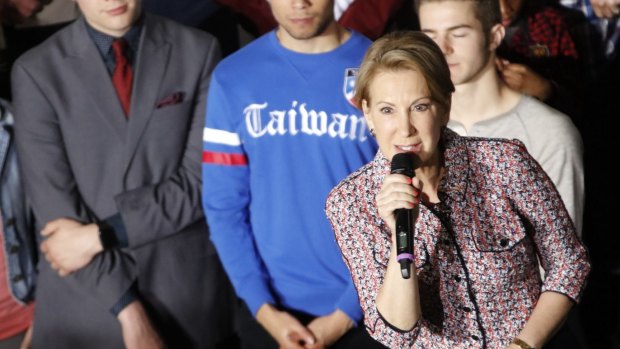 Carly Fiorina, Republican presidential candidate Senator Ted Cruz's pick for vice-president, speaks after being introduced during a campaign rally in Lafayette, Indiana.