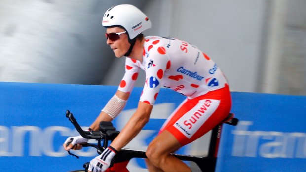 Frenchman Warren Barguil (Sunweb) takes the polka dot jersey around the 22.5-kilometre time trial course in Marseille on Saturday.