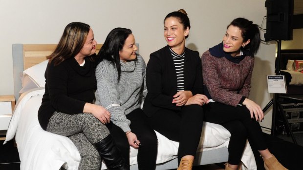 From left, Franklin twins and The Block fans Sophie and Natalie Marjan meet Lysandra Stevens and Alisa Ayers.