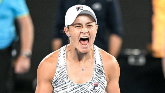 Australian Open.Ashleigh Barty plays against Danielle Collins in the women's singles final. 29 January 2022. The Age Sport. Photo: Eddie Jim.