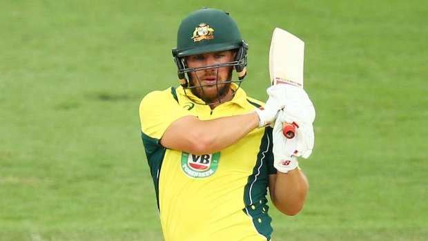 An Aaron Finch straight drive hit the bowler's end umpire in the leg.