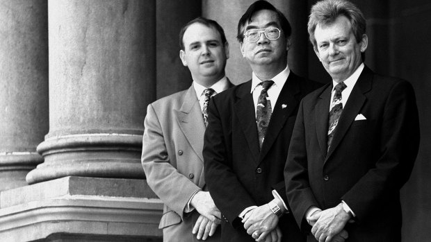 Flashback: (From left) Phillip Abadee and running partners Robert Ho and Peter Hughes in the lead up to the 1995 Sydney lord mayor election.