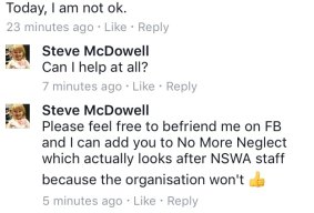Mr McDowell replied to an RUOK comment: "Today I'm not ok. 
