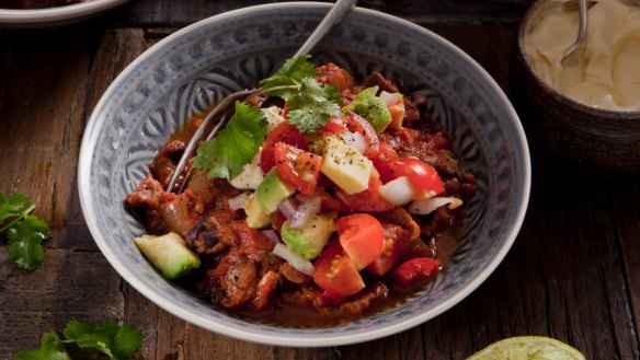 Chilli with black beans, avocado and sour cream.