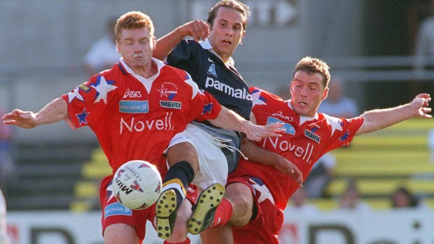 Canberra Cosmos in action against Carlton in the old National Soccer League in 1998.