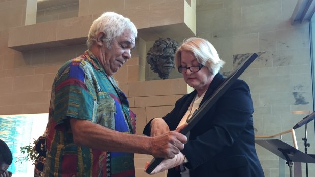 Neville Bonner's son "Tiny" Bonner with Department of Aboriginal and Torres Strait Islander Partnerships director-general Clare O'Connor.