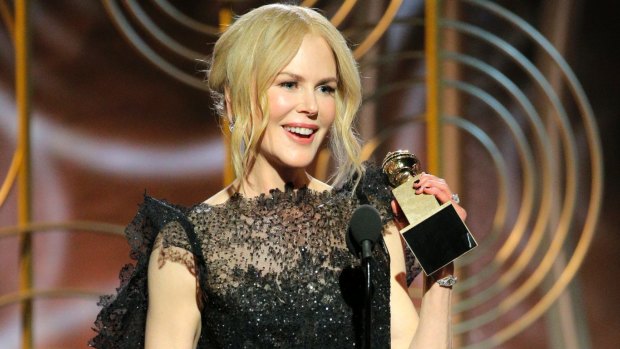 Nicole Kidman accepting the Golden Globe for best performance by an actress in a limited series or motion picture made for TV for her role in <i>Big Little Lies</i>.