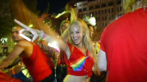 Sky News reporter and Daily Telegraph columnist Caroline Marcus at Sydney's Mardi Gras Parade in 2010. 