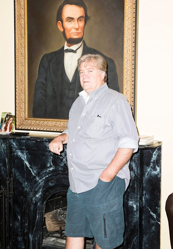 Stephen Bannon in the basement of his luxury townhouse known to as the "Breitbart Embassy". 