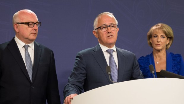 Prime Minister Malcolm Turnbull, with Minister for Employment Michaelia Cash, and Attorney-General George Brandis, is rarely short of a word.