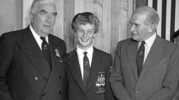 Former prime minister Bob Menzies (right), Olympic champion Betty Cuthbert and William Slim during the 1956 Melbourne Olympics.