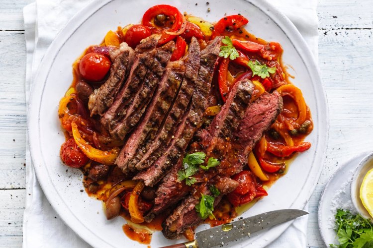 Grilled grass-fed sirloin with peperonata.
