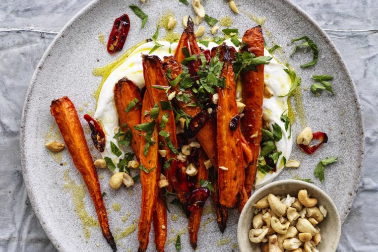 Chilli-roasted carrots with cashews.