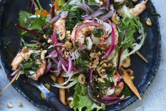 Neil Perry's salad of pickled prawns with baby carrot and hazelnuts.