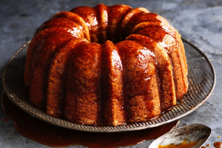 Helen Goh's banana, coffee and cardamom bundt cake with coffee caramel.