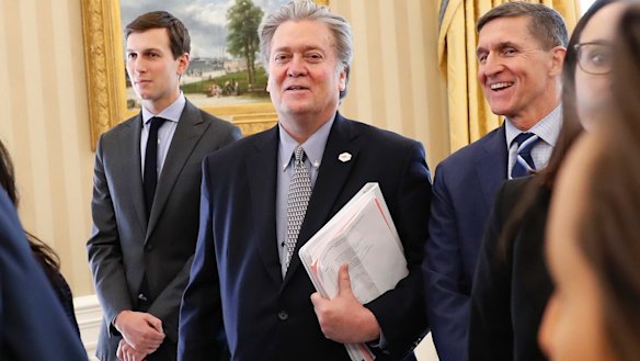 From left, White House Senior Advisers Jared Kushner, Steve Bannon and National Security Adviser Michael Flynn.
