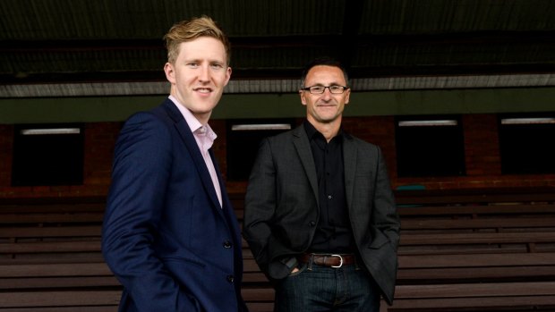 Greens candidate for Higgins Jason Ball with leader Richard Di Natale.