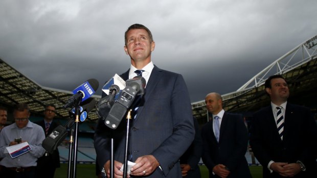 Out west: Mike Baird at the announcement of the stadium funding switch on Thursday