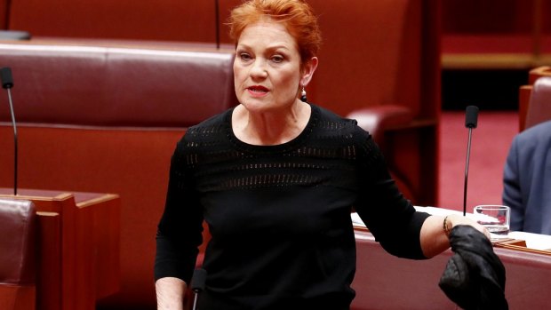 Pauline Hanson removes her burqa in the Senate