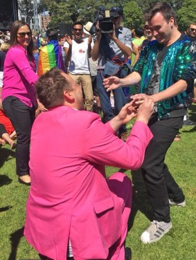 James Brechney got down on one knee to propose to his partner Stuart Henshall at Prince Alfred Park on Wednesday.