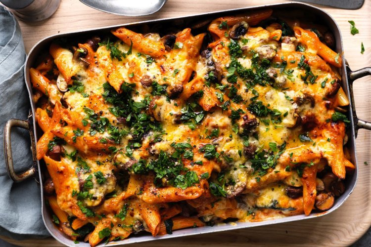 Adam Liaw's mushroom and spinach stroganoff pasta bake.