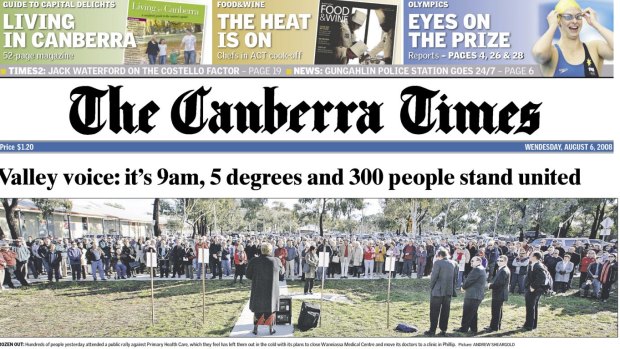 The front page of The Canberra Times in August 2008 showing the protest at the closure of the Wanniassa Medical Centre by Primary Health Care.