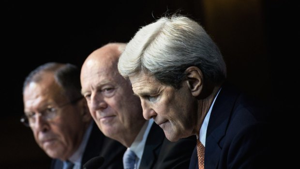 Russian Foreign Minister Sergei Lavrov, left, UN special envoy for Syria Staffan de Mistura and US Secretary of State John Kerry at a news conference in Vienna on Friday after talks to try to find solutions to the conflict in Syria.
