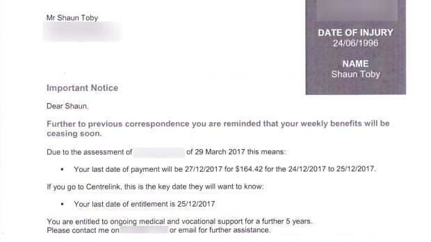 The notice Shaun Toby received from his insurer.