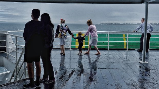 Rainy decks and stormy skies on the Queenscliff to Sorrento ferry on Saturday.