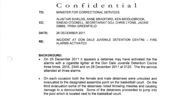 Document relating sexual activity at Don Dale Detention Centre during fire alarm, in December 2011. 19 March 2017.