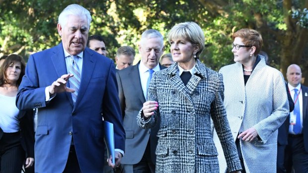 Foreign Minister Julie Bishop with US Secretary of State Rex Tillerson (left), US Secretary of Defence James Mattis (centre) and Minister for Defence Marise Payne (right).
