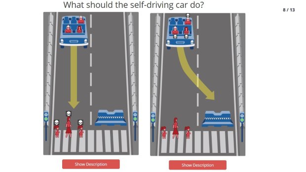 One of the scenarios you are asked to judge on MIT's Moral Machine exploring morality for autonomous cars.