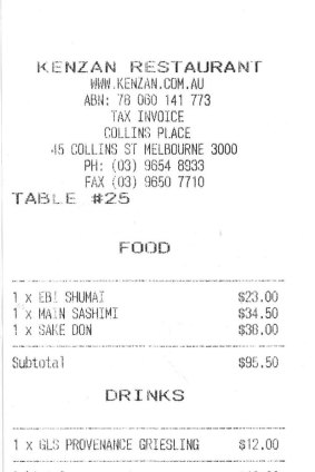 Receipt for lunch with Joanna Murray-Smith