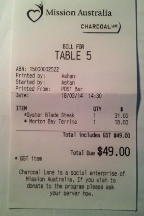 Modest bill: The receipt for lunch with Lowita O'Donoghue at Charcoal Lane