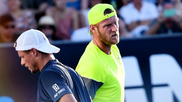 Doubles partners Lleyton Hewitt and Sam Groth.