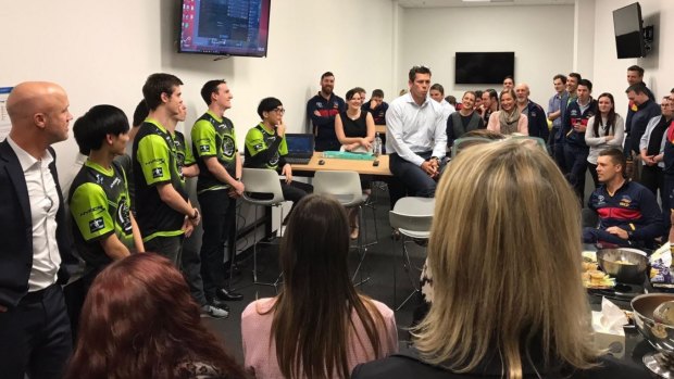 Adelaide CEO Andrew Fagan (centre) and staff, including COO Nigel Smart (far left) meet Legacy eSports team earlier this year.