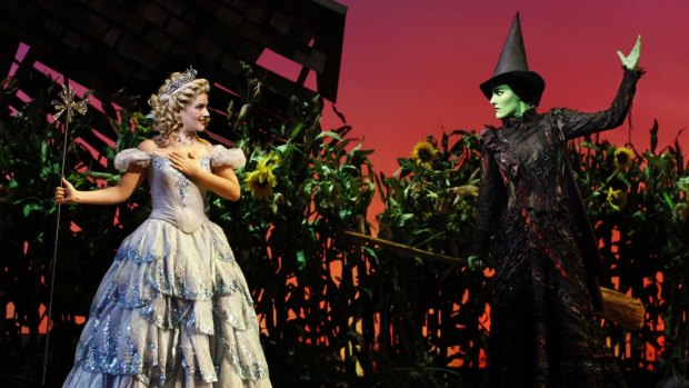 Lucy Durack as Glinda the good witch and Jemma Rix as the wicked witch of the west in the musical Wicked. Photo: Jess Busby. (Supplied pic, 2014)