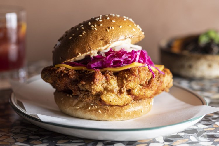 Hot chicken burger at Bird restaurant in Brunswick East.