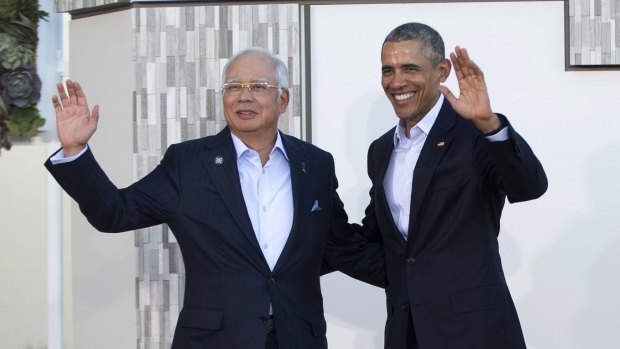 Malaysian Prime Minister Najib Razak with US President Barack Obama at the ASEAN summit in California on Monday, February 15.