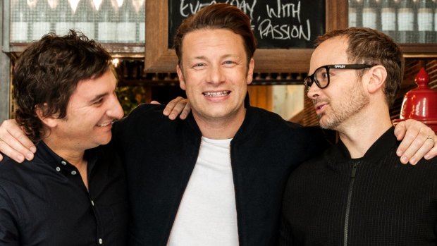 Jamie Oliver (centre) has re-joined forces with Matt Skinner and Tobie Puttock for the new era of Jamie's Italian.