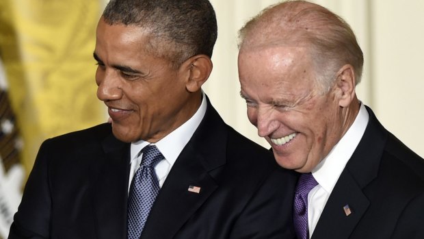 President Barack Obama, left, and Vice-President Joe Biden enjoy a light-hearted moment.