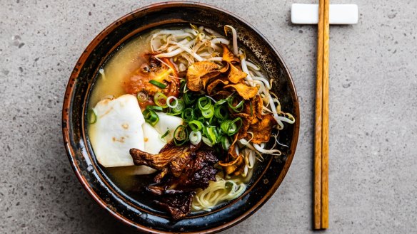 The vegetarian bowl at Bones Ramen, starring Jerusalem artichoke, celeriac chashu, mushrooms and roast tomato.